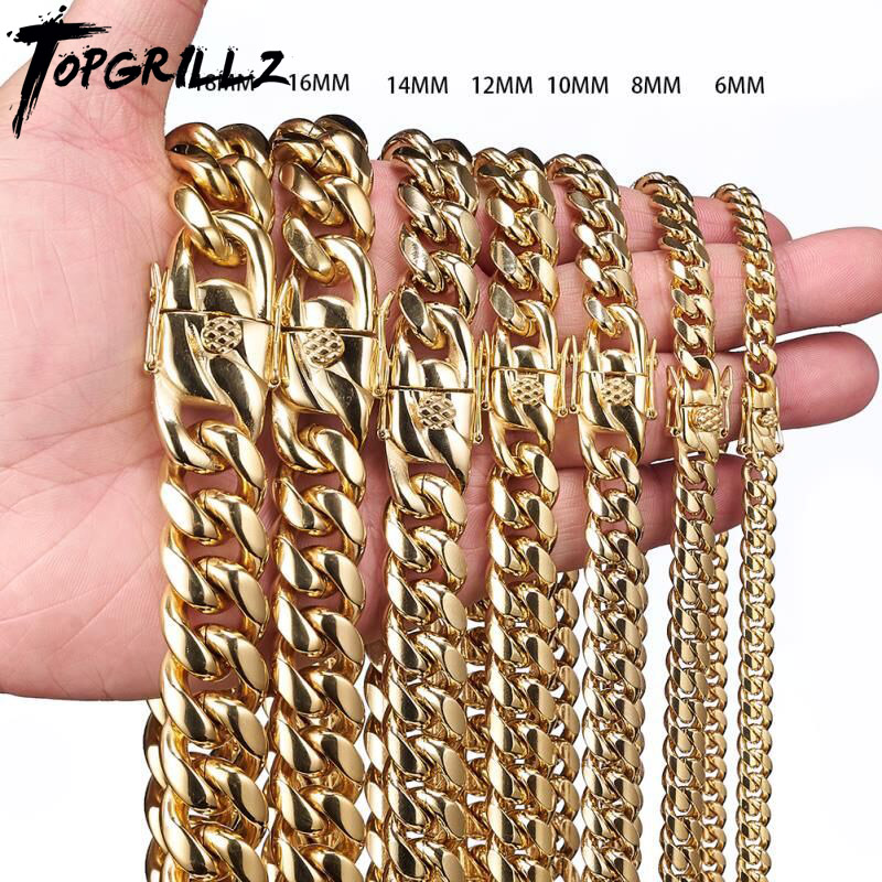 Cuban Link Chain 12Mm - TOPGRILLZ Stainless Steel Gold Color Cuban