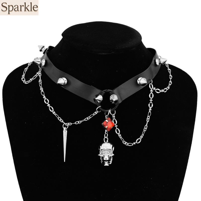 Dark Skull Leather Choker, Y2K - Goth Punk Spike Choker review and price