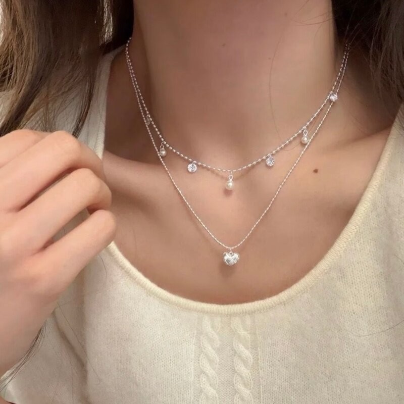 Double Layer Silver Bead Choke - Layered Pendant Necklace Aesthetic review and price