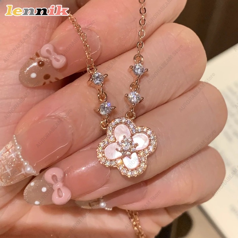 Pink Shell Necklace, Four Leaf - Layered Pendant Necklace Aesthetic review and price